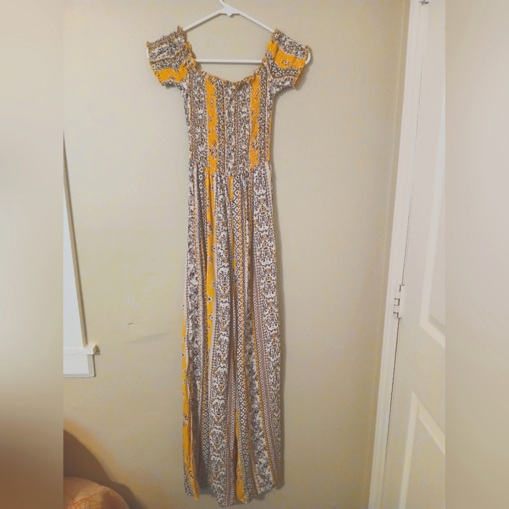 J for Justify Orange and Black Smocked Off-Shoulder Maxi Dress